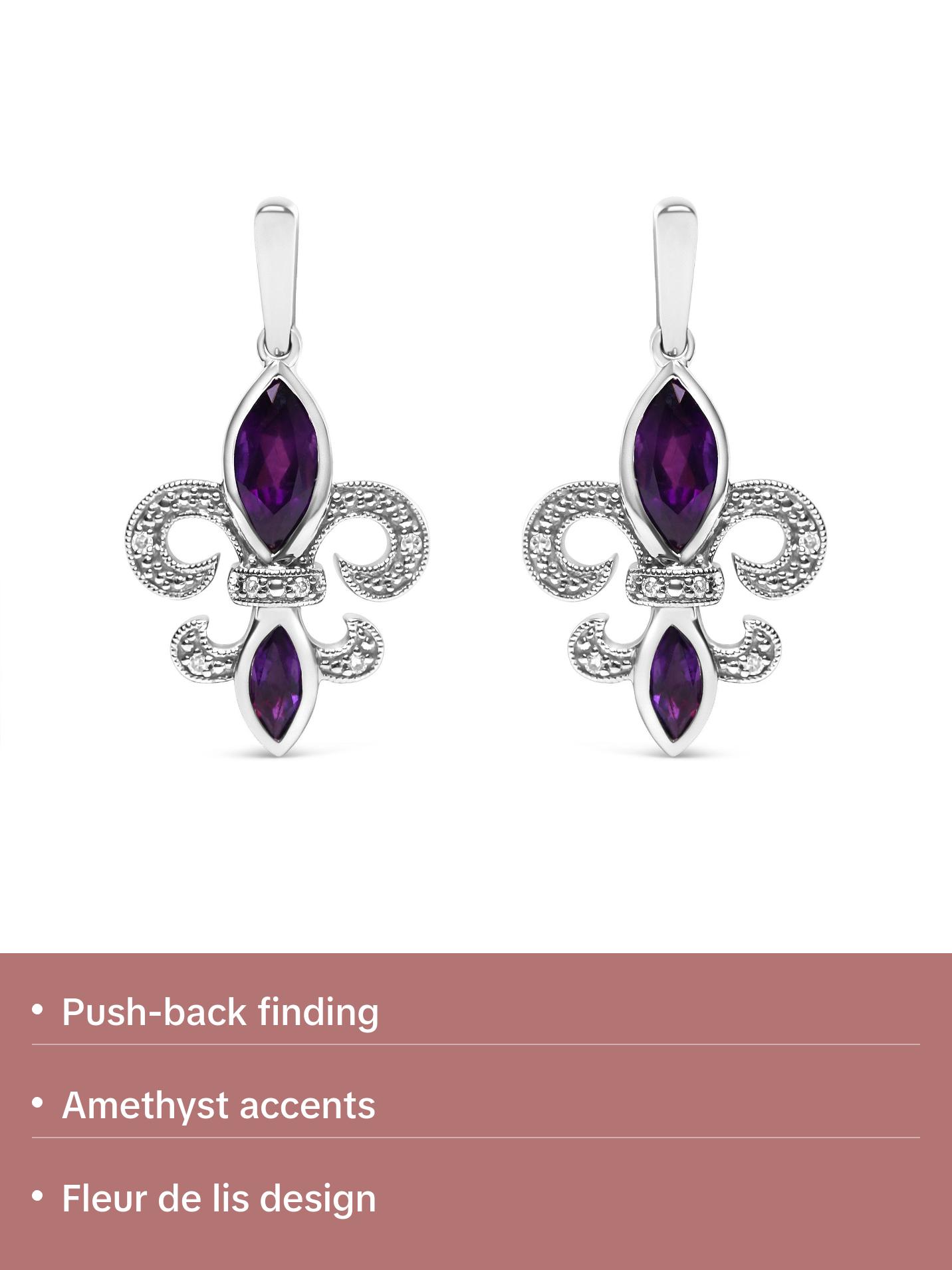 .925 Sterling Silver Marquise Cut Amethyst and Diamond Accent Fleur De Lis Dangle Stud Earrings (H-I Color, SI1-SI2 Clarity)
