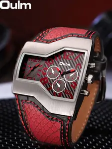 Oulm 1220 Men's Dual Time Zone, Large Leather Strap, Punk Style Dial, Fashionable Daily Wear, Includes Box, Modern Fashionable Wristwatch