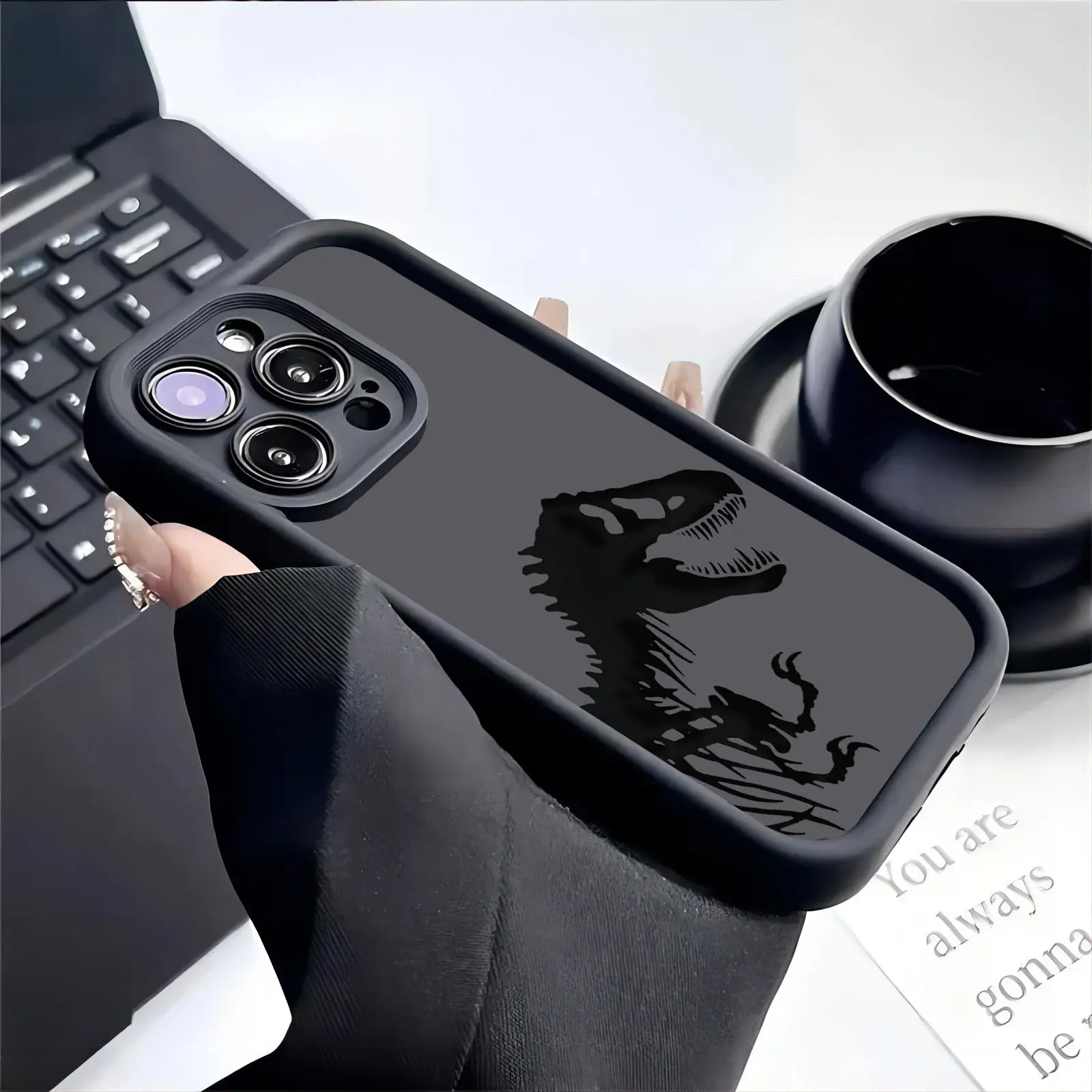 A Dinosaur Shadow Black Cool Phone Case, Suitable for iPhone 11/12/13/14 Pro/15 Pro Max/16 Plus/17 Air, Shockproof and Full Protection, Best Choice for Birthday, Holiday, Christmas, Halloween Gifts TY09