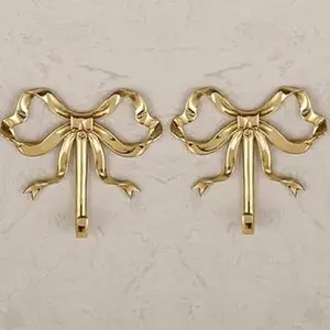 2 Pcs Brass Bow Wall Hooks, Gold Multi-Purpose Door Hanger for Hanging Towel, Christmas Wall Decor for Bathroom Living Room Kitchen, Christmas Birthday Gift (L)