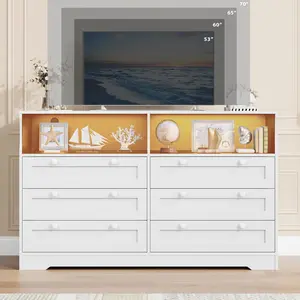 【Christmas Gift】Modern White 6 Drawer Dresser With Power Outlet Usb Charging Ports Multi Color LED Light Scratch Resistant MDF Anti Tip Safety Spacious Storage For Bedroom Living Room Entryway