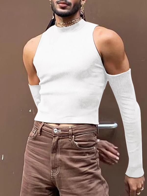 Men's Slim Cold Shoulder Mock Neck Crop Tank Top, Cut Out Long Sleeve T-shirt for Spring & Fall, Comfort Basic Minimalist Menswear for Daily Wear