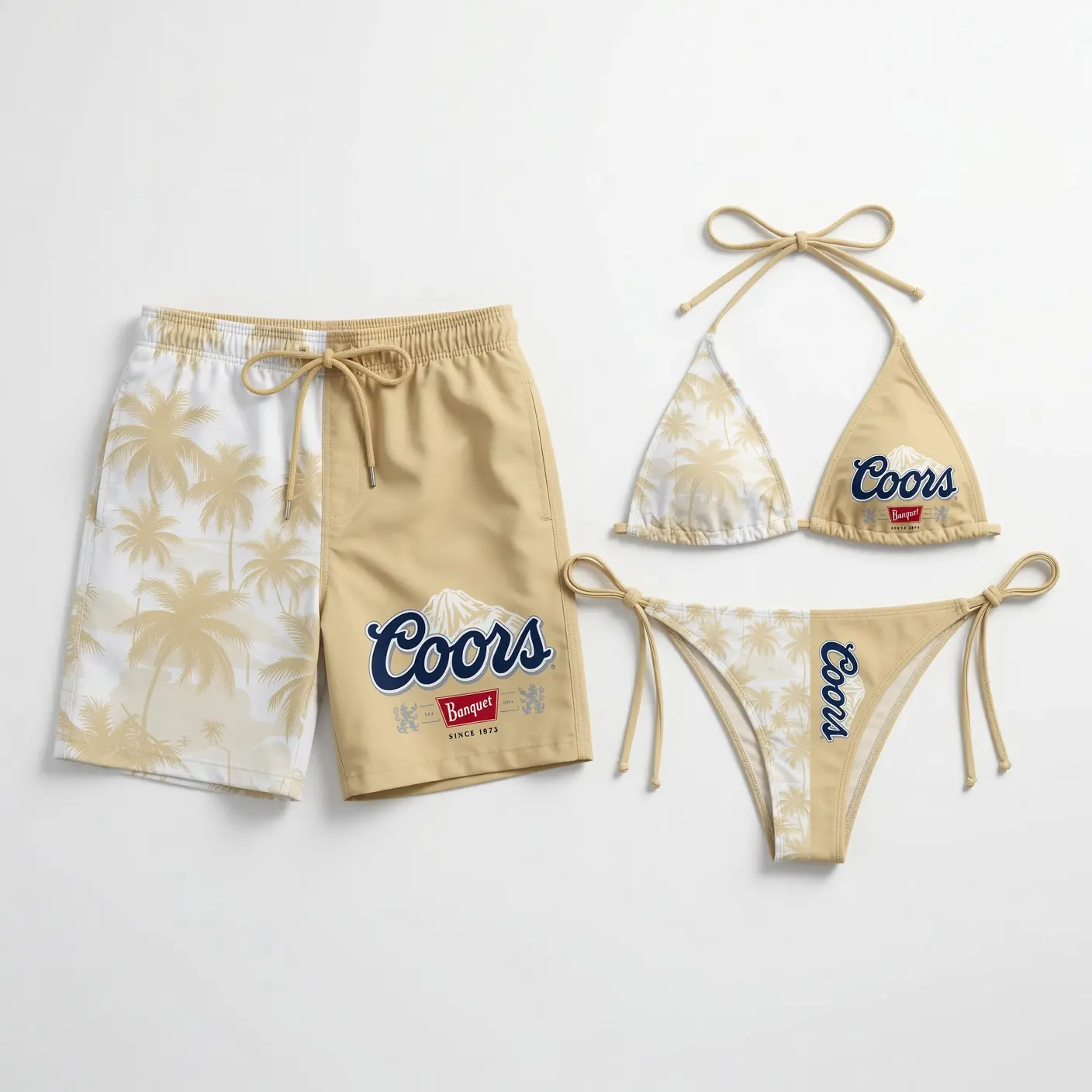 C00RS BANQUET TROPICAL Matching Couple Swimwear Set, Beige Palm Tree String Bikini and Hawaiian Shorts, His and Hers Beach Vacation Outfit Gift