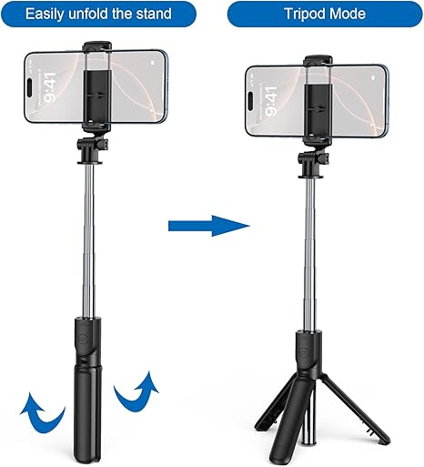Selfie Stick Tripod, Retractable Selfie Stick Tripod with Wireless Remote Control, for Photograph, Live Streaming, Video Recording, Compatible with Android, iPhone and More