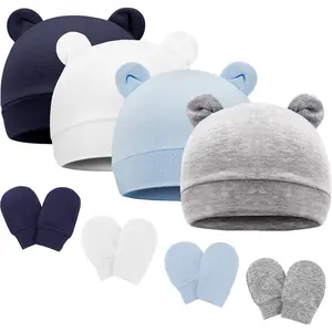 L-KCP005   Newborn Baby Hat and Mittens Set Bear Ears Toddler Infant Beanie Caps Newborn Hospital Hat for Baby Boy Girl 0-3 Months