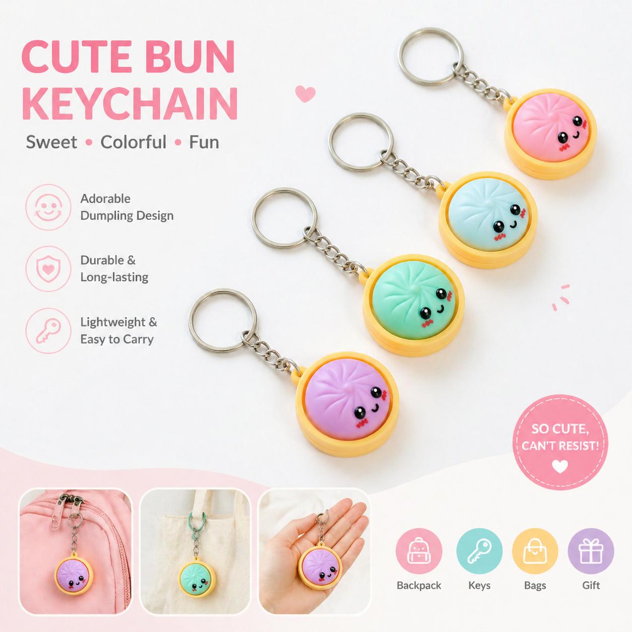 Cute Mini Dumpling Keychain – Adorable Cartoon Pendant for Backpacks, Keys & Bags, Kids & Gifts, Soft & Durable
