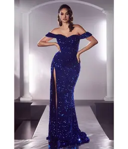 Royal Blue Velvet Glittering Sequin Bridesmaid Gown