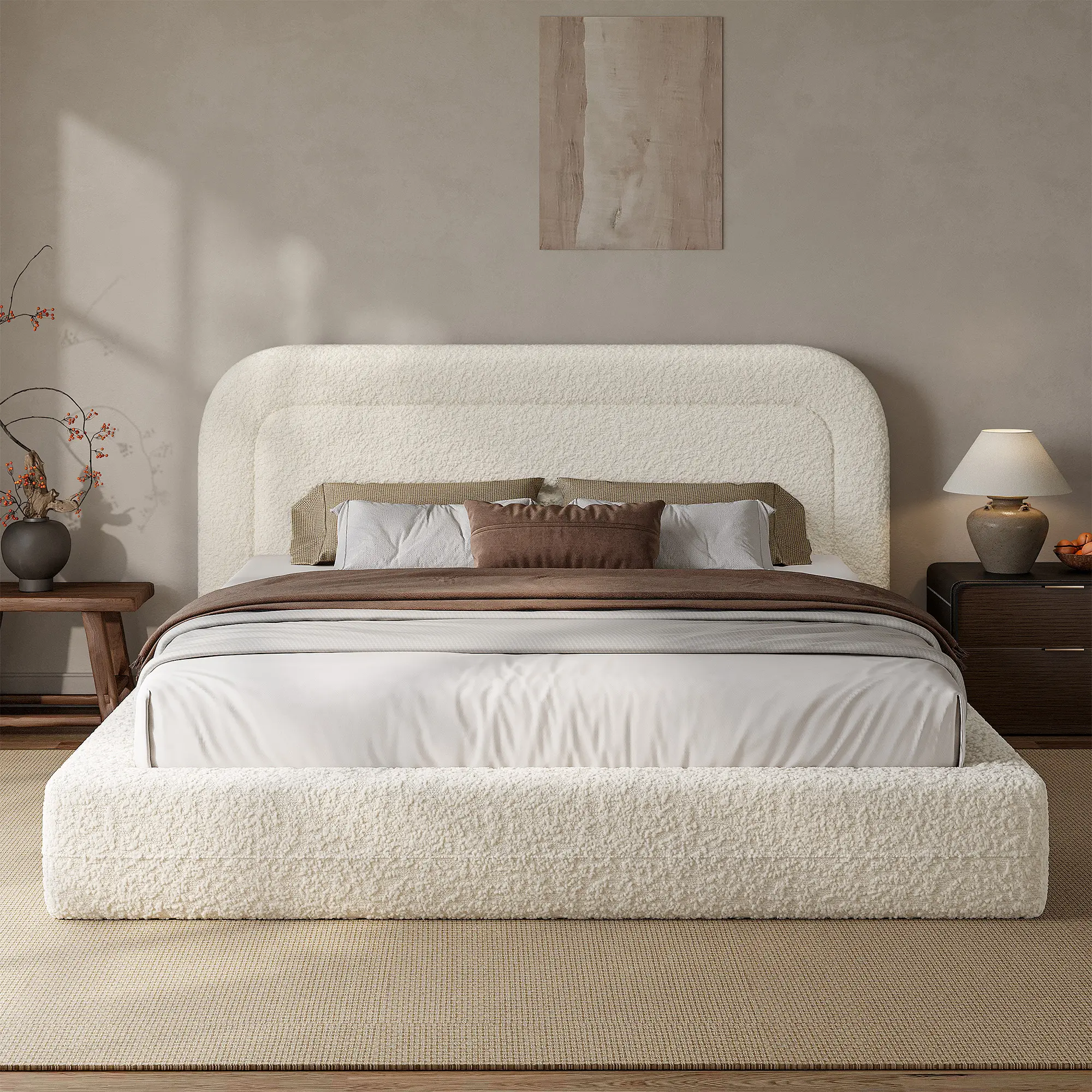 Raybee Modern Foam-Metal-Boucle Upholstered Cloud Bed Frame, Anti-Collision Curved Edges, Headboard & Box Spring Included, Low Profile, 20 Mins Assembly, 990 lbs Weight Capacity, Full/Queen/King Sizes for Bedrooms, Apartment Decor