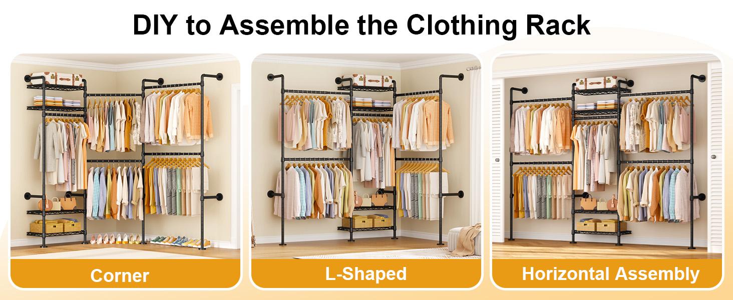 ULIFHOME Heavy Duty Metal Frame Closet Rack - Wall-Mounted Expandable Size (22.4-39.4in) Industrial Pipe Closet Organizer, Garment Storage for Indoor Use in Bedroom, Living Room Furniture,dorm room inspo,college dorm essentials,dorm haul