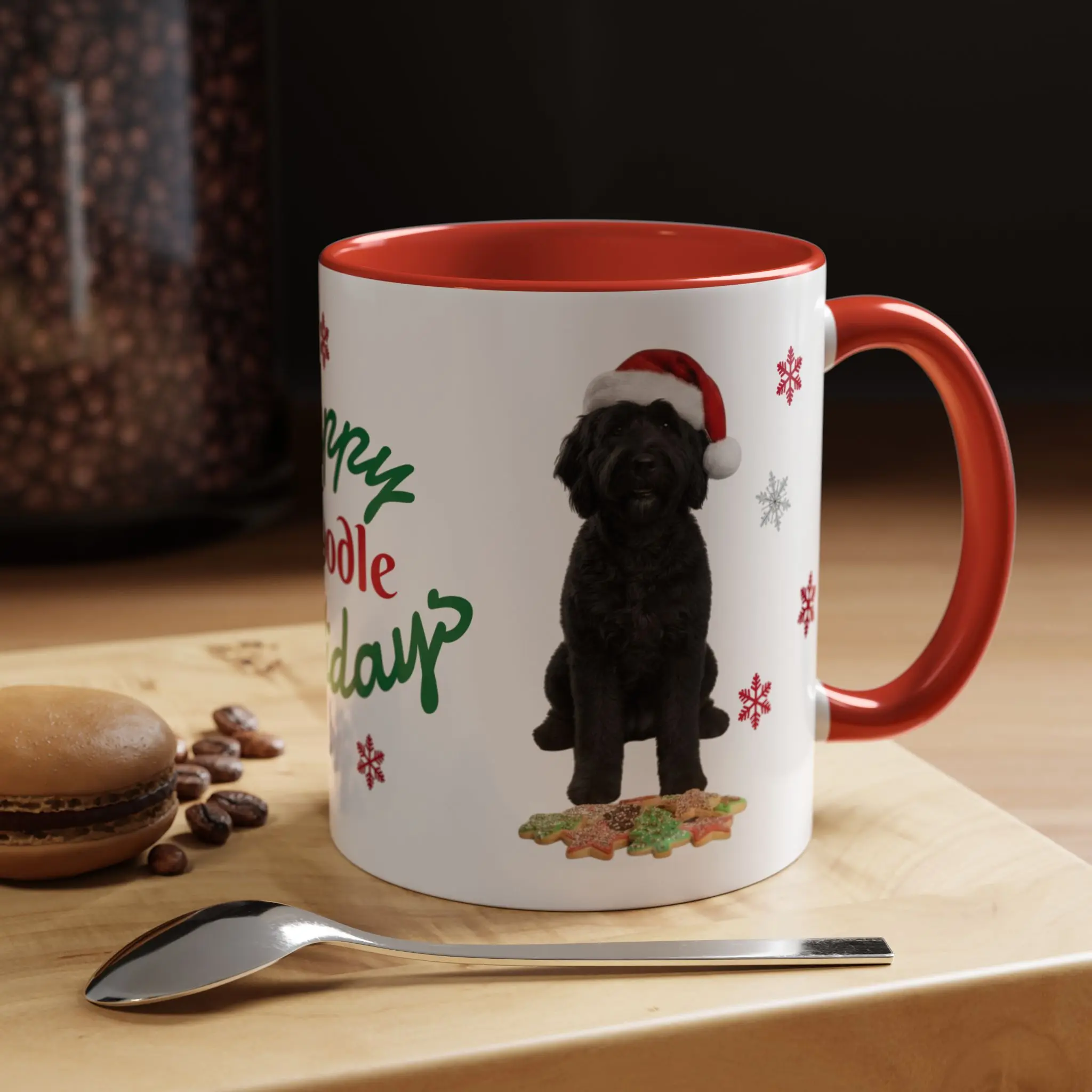 Black Doodle Holiday Coffee Mug, Customize with Golden Doodles, Bernedoodles, Labradoodles, Aussie Doodles, and More, Gift for Doodle Lovers