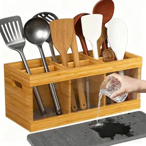 Bamboo Utensil Holder for Countertop, Flatware, Cutlery and Utensil Drying Caddy, Kitchen Cooking Utensil Organizer with 6 Compartments & Diatomaceous Earth Drying Mat, for Party Home