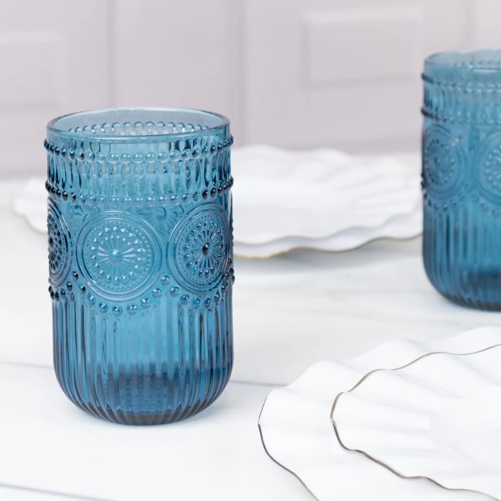 6-Pack Vintage Embossed Glassware Drinking Glasses Set - 14oz Ocean Blue Highball Cups with Textured Floral Pattern for Cocktails, Drinks