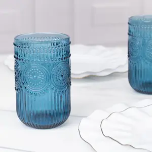 6-Pack Vintage Embossed Glass Tumblers 14oz Highball Design Ocean Blue - Textured Floral Pattern for Cocktails & Drinks