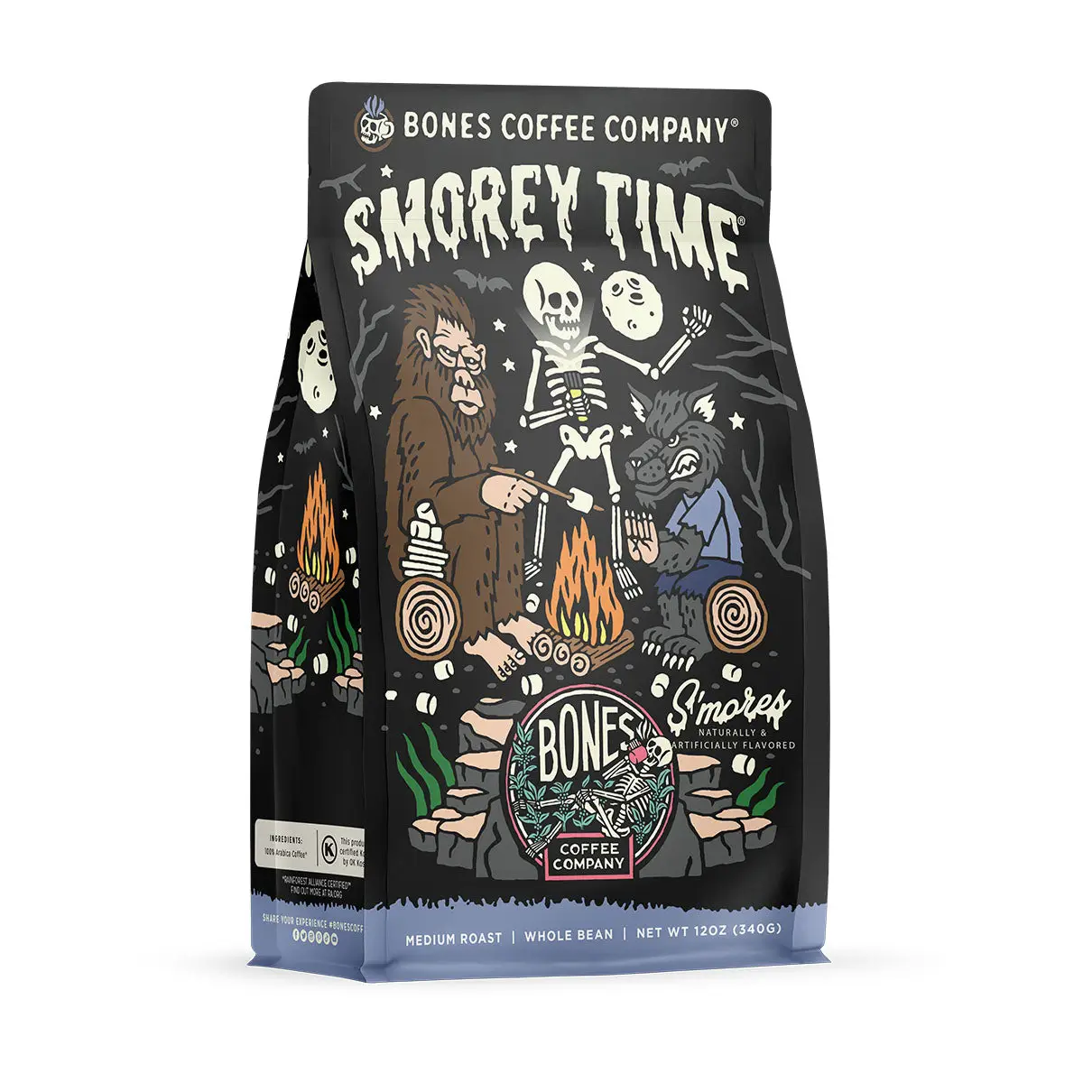 Bones Coffee Company S'morey Time, S'mores, and Graham Crackers Flavor, Made with Arabica Coffee Beans, Ground and Whole Coffee (12oz) Beverage Roast