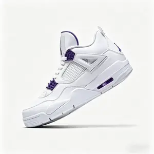 Men Women White Purple Retro 4 Mid Top Basketball Shoes, Breathable Mesh Sneakers with Visible Air Cushion, Non-Slip Athletic Footwear for Streetwear Daily Wear