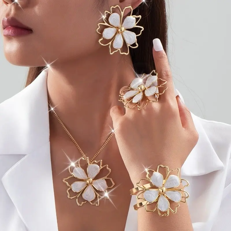 5pcs Women's fashion jewelry set Elegant high design sense irregular lines hollow five pieces flowers white bracelet ring earrings necklace set suitable for daily and banquet wear women dating gifts