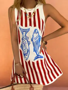 Women's Striped & Fish Print Tank Dress, Casual Sleeveless Short Loose Dress for Summer, Ladies Clothes for Beach Holiday Vacation, Womenswear, Animal Print