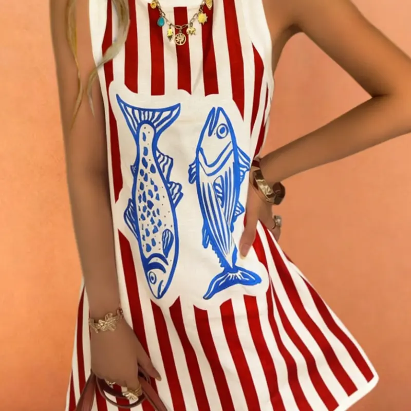 Women's Striped and Fish Print Tank Dress, Casual Beach Sundress, Casual Wear Sleeveless Loose Short Dress for Summer Beach Holidays, Animal-Print Style