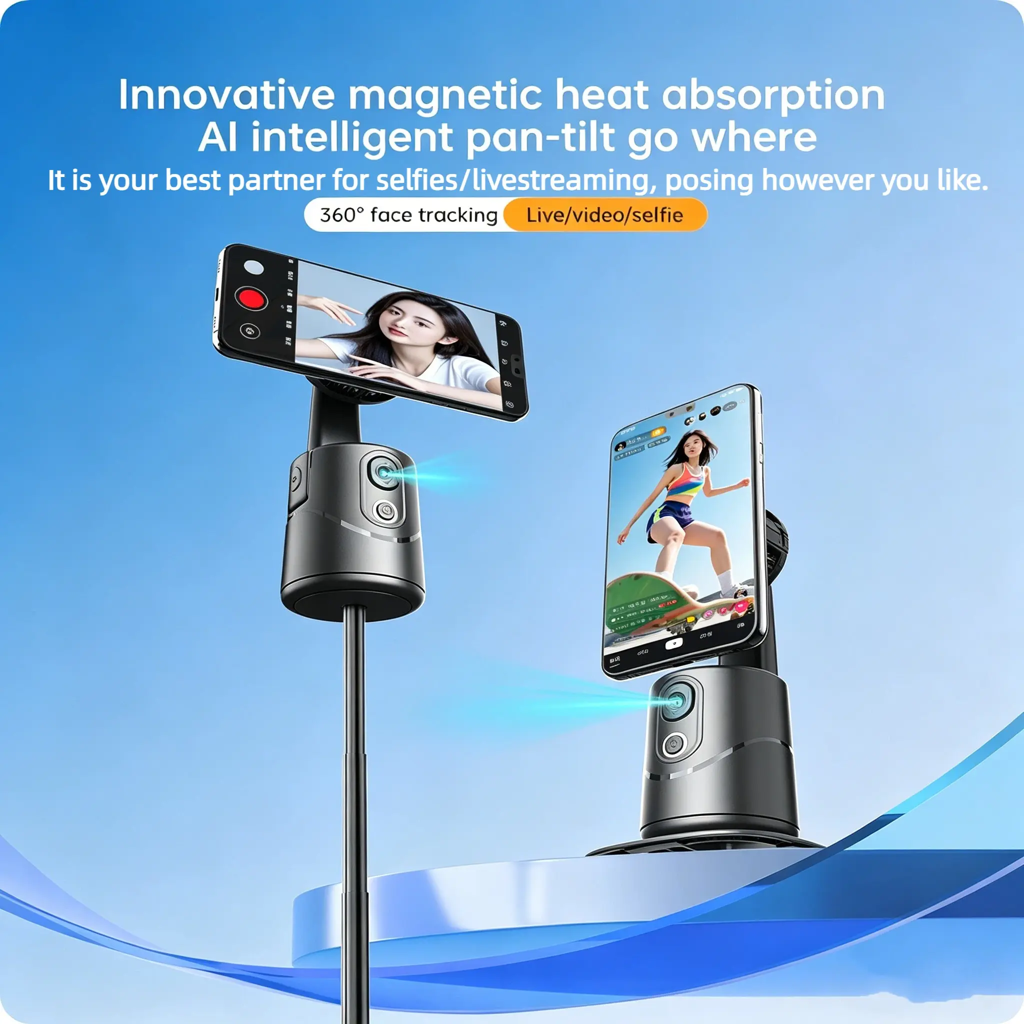 Ai Facial Tracking Gimbal, Gesture Control, 360° Rotating Phone Mount, Smart Camera Stand for Live Streaming, Selfie Video Kit