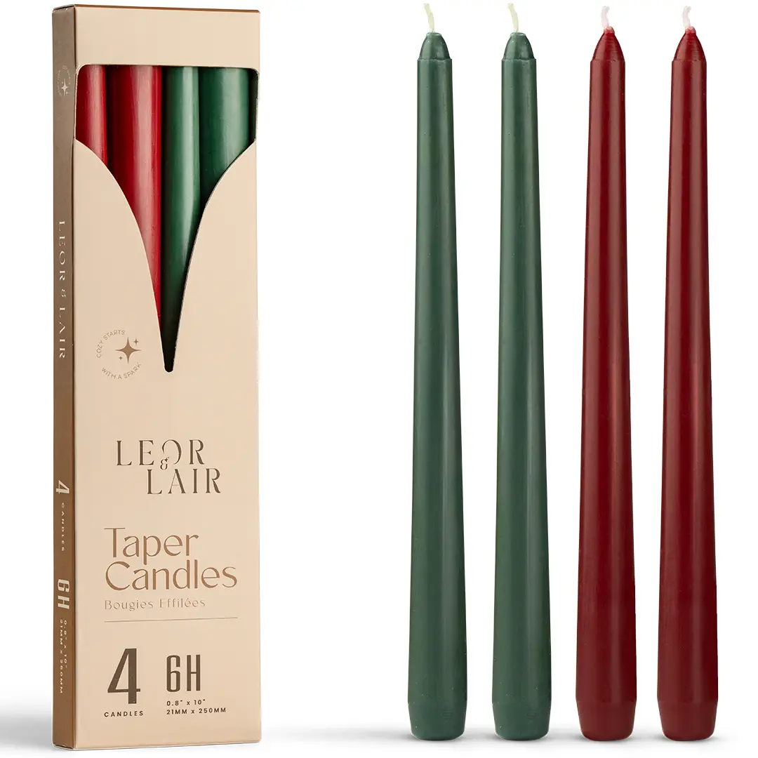 Leor & Lair Christmas Taper Candles - Red & Green Candlesticks,  10" Unscented Long Burning Candles for Christmas, Advent, Home Decor, Holiday, 4 or 12 Pack