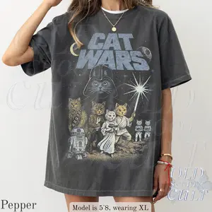 Cat Wars Vintage 90s Graphic Tshirt, Retro Space Cat Tee, Nerdy Cat Tee, Funny Cat Warrior Shirt, Cat Lovers Gift, Sci-fi Top Menswear Crewneck Casual