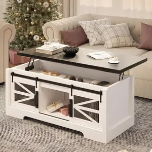 Gaomon Black Farmhouse Engineered Wood Coffee Table - Lift-Top, Adjustable Height, Sliding Barn Doors, Hidden Storage, Adjustable Shelves, Dining-Height Workspace for Living Room, Dining Area