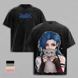 Arcane Jinx Powder Holding A Cat Illustration With Front Logo Text – Mineral Wash Graphic Tee, Thick Cotton Unisex Movie Shirt, Double-Sided, Signature Graphic Layout, Cinematic Streetwear, High-Quality Cotton Fabric, Daily Wear, Fall Outfits