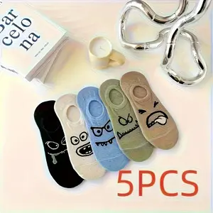 Women's 5-Pair Fashion Lady Cartoon Socks - Low-Cut Invisible Ankle Socks with Expressive Faces, Animal Prints, Color Mixing Style, Breathable, Easy On/Off, Multi-Color Assortment (Black, Blue, Green, Pink, White), Machine Washable Casual Wear Footwear