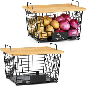 2 Set XXL Stackable Wire Storage Baskets with Bamboo Tops & Tags - Pantry Organizer Containers for Fruit, Vegetable, Food, Snack, Bread, Onion, Potato, Laundry; Kitchen Counter, Cabinet, Under Sink Use