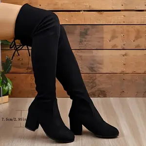 [Solid Color Thigh-High Boots] Solid Color Stretchy Thigh-High Boots - Elegant Over-the-Knee Boots for Women - Pointed Toe, Block Heel, Fabric Material & Rubber Sole for Dress Occasions, All-Season Comfort & Style