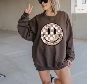 Retro Smiley Leopard Trendy Design Oversized Look (size up) with Checkered Pattern and Leopard Print