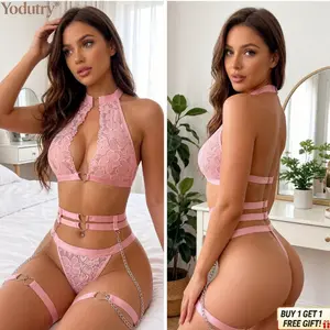 Women’S Heart Chain Lingerie Set| Lace Bralette & Garter Panty| Fashion Nightwear Outfit