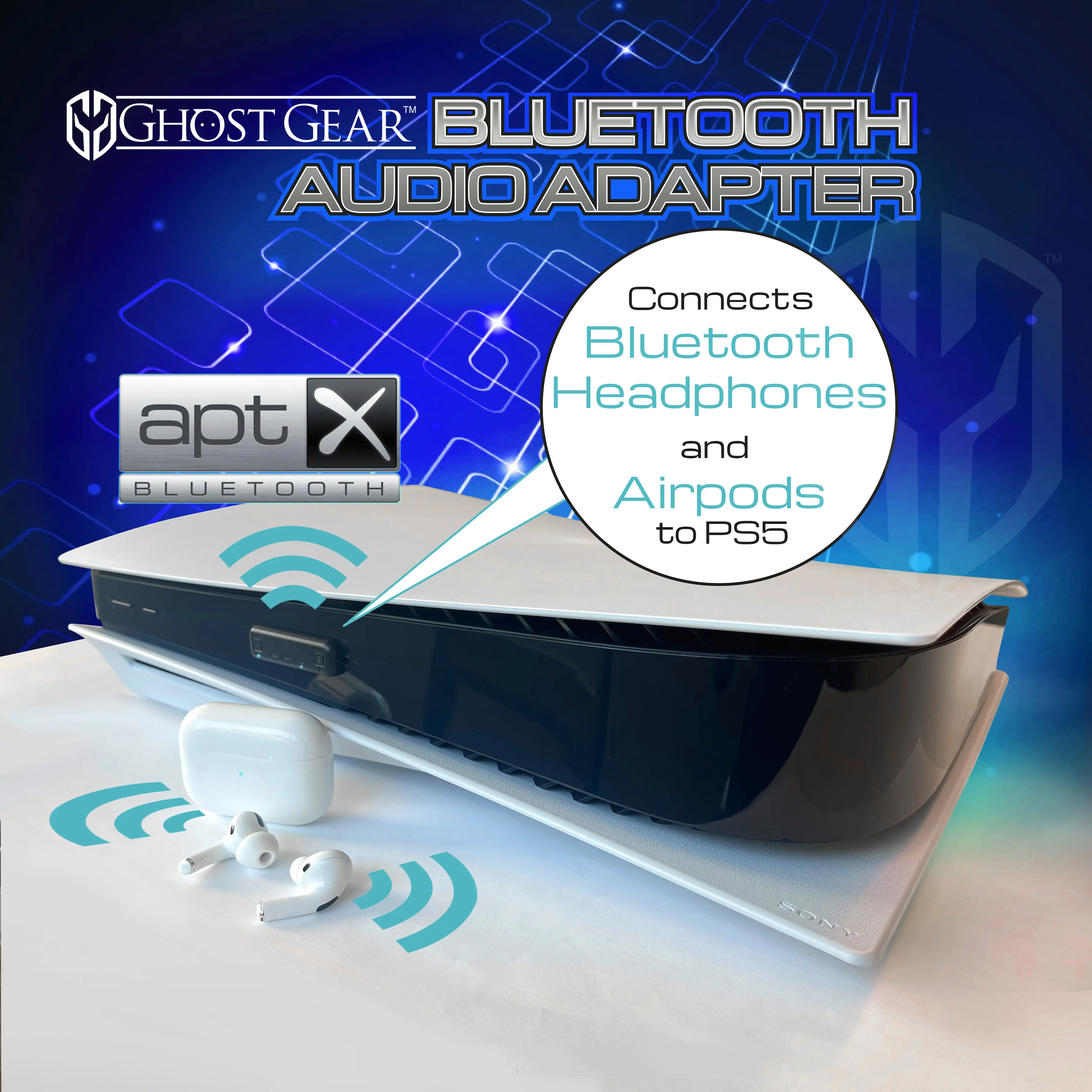 Ghost Gear PS5 Bluetooth Audio Adapter - Wireless Connects PS5 to Bluetooth Headphones & Airpods, AptX No Latency Protocol, Compatible with PS5, PS4, Switch - Console