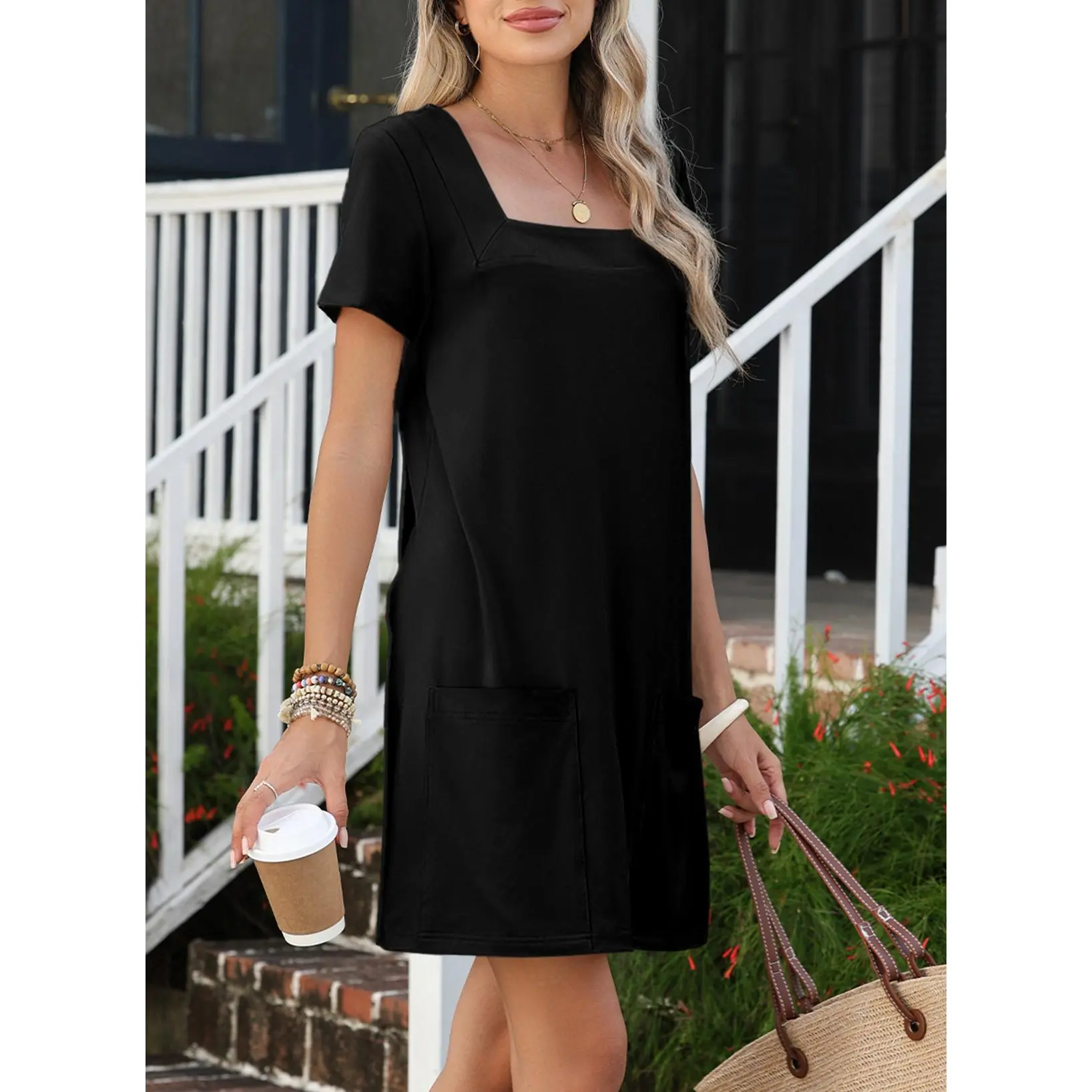 Womens Solid Color Casual Align Dress Summer Outfits Square Neck  Shortsleeve Comfort Basic Mini Dresses with Pockets 2025 Womenswear  Minimalist Black - TikTok Shop