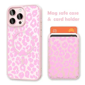 Leopard Print Pink Clear MagSafe Compatible Smartphone Case & Card Holder Wallet, Magnetic Shockproof Wireless Cellphone Accessory, Durable Handheld Cover for iPhone 17/16 Pro Max, Samsung S25 Black