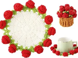 Flower Crochet Coasters Handmade Bouquet Blanket Coaster with Crochet Plant Pot Fun Soft Decorative Drink Coasters for Coffee Tabletop Protection and Home Decor