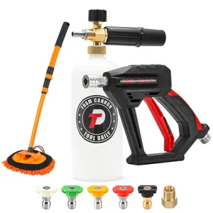 Tool Daily Short Pressure Washer Gun with Foam Cannon, 15° Curved Car Wash Brush with Long Handle, 5 Nozzle Tips, 1/4” Quick Connect fathersdaygift