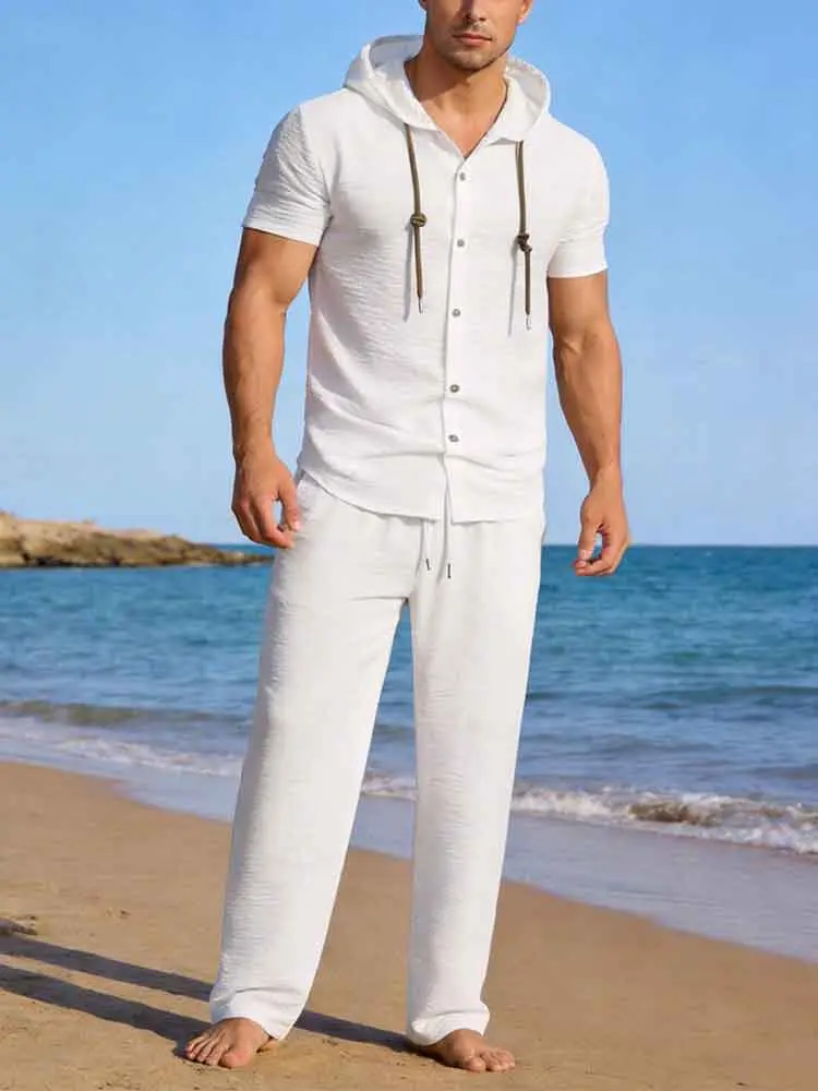 Men’s short-sleeve hooded sweatshirt and long pants two-piece set—casual and lightweight, vacation style, loose and breathable thin fabric. Hooded sweatshirt paired with wide-leg pants, suitable for summer gatherings and beach vacations.