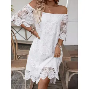 Women's plain floral lace off shoulder dress, a stylish and elegant hollow out dressRAIMENTRY