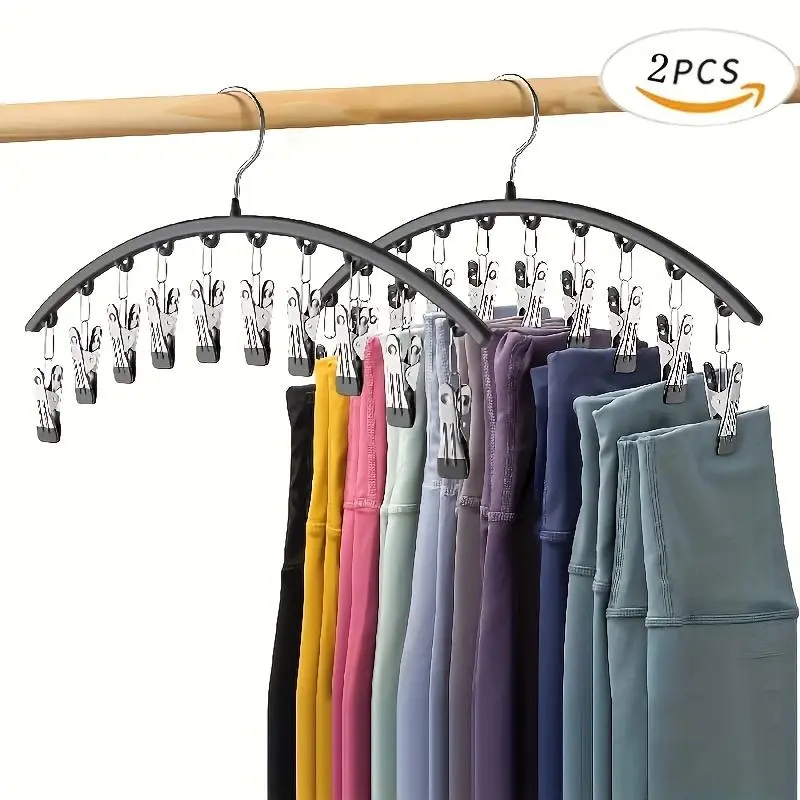Stainless steel black clothes hanger, wardrobe yoga pants storage rack, 2-piece set, with 10 clips, can hold 20 yoga pants, space-saving wardrobe storage hanger, with rubber coating for wardrobe storage and organization (black)