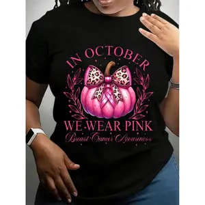 Breast Cancer Awareness October Pink T-Shirt For Women - In October We Wear Pink Graphic Tee With Pumpkin & Leopard Bow Design, Soft Round Neck Short Sleeve Casual Top, Machine Washable Summer