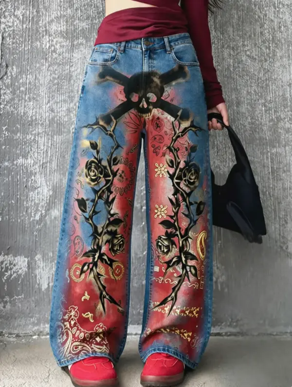Gothic Skull Crossbone Thorn Rose Paisley Red Spray Paint Print Straight Wide Leg Denim Jeans Unisex High Waist Vintage Washed Loose Casual Trousers