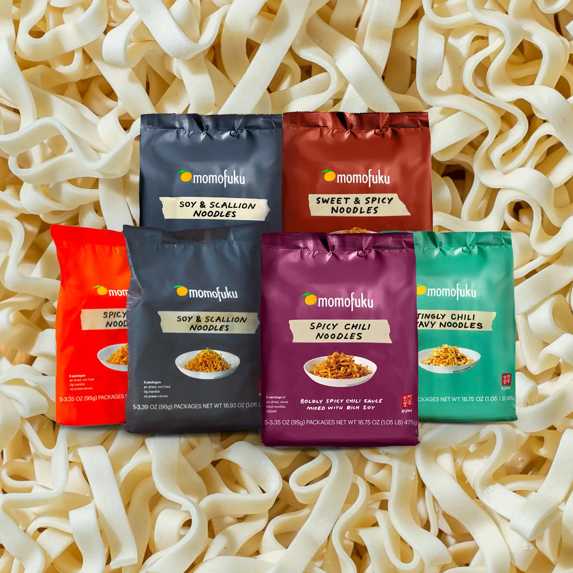 Momofuku Noodle Variety Pack including Soy & Scallion, Spicy Soy, Tingly Chili, Sweet & Spicy, and Spicy Chili Flavors, Instant Food