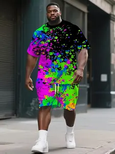Men's Plus Size Ink Print Two-Piece Set, Casual Summer Round Neck Short Sleeve T-Shirt and Shorts, Loose Fit Fashion Clothing