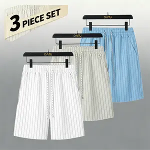 3-Pack Men’s Lightweight Striped Beach Shorts, Elastic Waist Drawstring Casual Home Bermuda Shorts