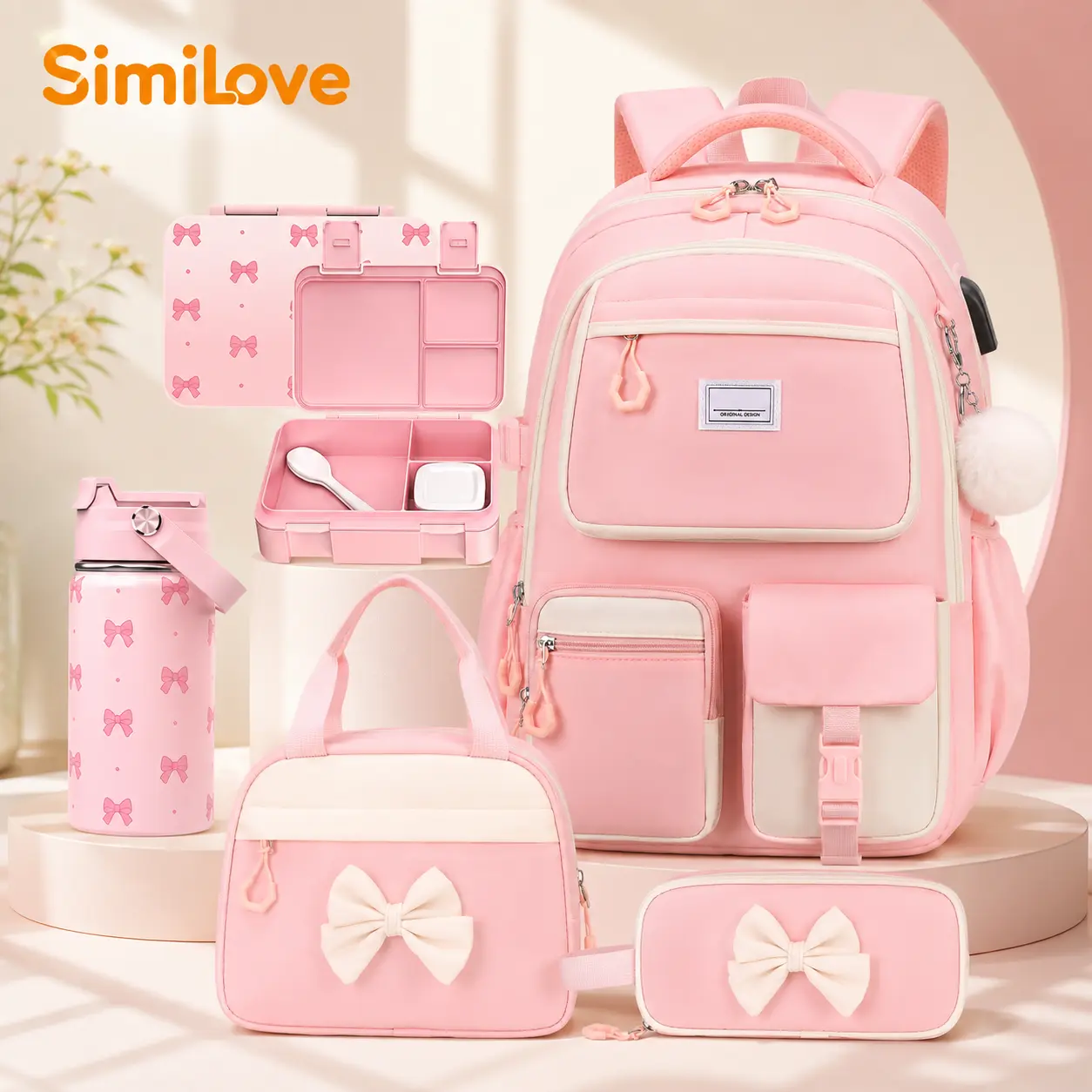 SIMILOVE 3/4/5PCS Backpack Set for School, Cute Bow School Bags for Kids with Lunch Bag & Pen Case, Lunch Box/Bottle/Headphones, Bookbag for Girls Children Teens Elementary Middle Student  Organiser
