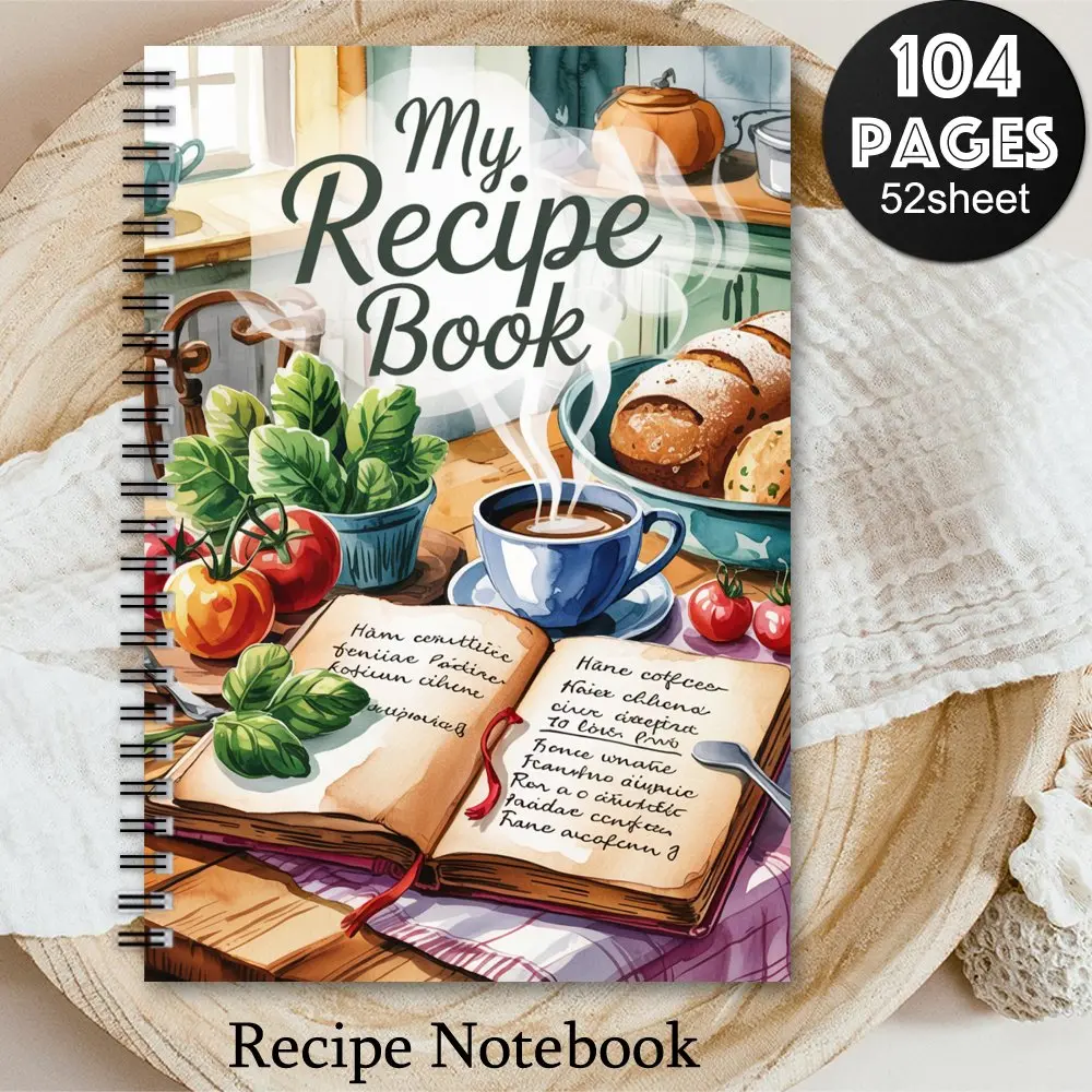 104-Page Spiral Notebook, Spiral Notebook Journal - "My Recipes" with Kitchen Themed Cover, Features Tomato, and Coffee Cup Designs, Perfect for Recording Recipes and Food Ideas, Durable Spiral Binding, Spiral Bound Notepad, Spiral Coil Notebook