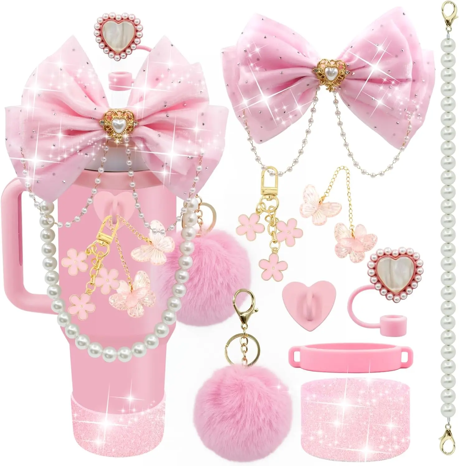 Bling Stanley Cup Accessories for 40/30/20 oz Tumbler with Handle Including Glitter Bow Straw Topper, Heart Straw Cover, Pearl Water Bottle Handle Strap, Boot, Pom-Pom, Keychain Charms(Pink)