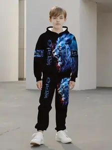 Boys' 3D Starry Lion Print Hooded Athletic Sportswear Set, Casual Fitted Shorts & Sweatshirt for Ages 13 and Below, Spring Fall Outdoor Activities