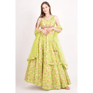 Ash Green Mirror Embroidered Lehenga Choli